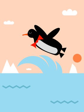Penguen su üzerinde uçan