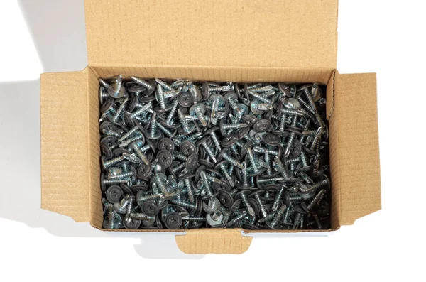 Lot Gray Screws Cardboard Box — Stock Photo, Image