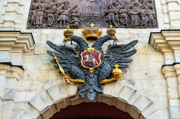 Saint Petersburg, Russia. Coat of arms with Double-headed imperial eagle on the Peter\'s Gate. The territory of the Peter and Paul Fortress on the Hare Island.