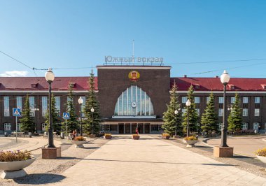 Kaliningrad, Russia - September 24, 2018: The building of the South Station. Central railway station of the city. clipart