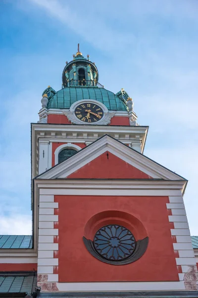 Vista Torre Del Reloj Iglesia Santiago Suecia Estocolmo — Foto de Stock