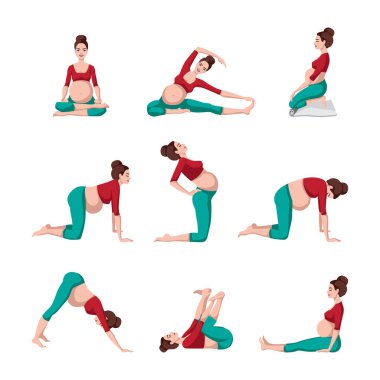 Yoga yaparken spor giyim sektöründe hamile kadınlar. Yogayı hamile için ayarla. Meditasyon. Rahatlama. Çizgi film tarzında vektör ilüstrasyonu beyaz arkaplanda izole edildi.