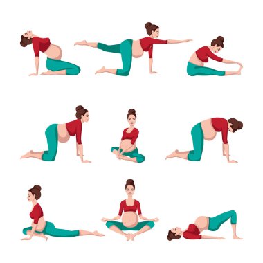 Yoga yaparken spor giyim sektöründe hamile kadınlar. Yogayı hamile için ayarla. Meditasyon. Rahatlama. Çizgi film tarzında vektör ilüstrasyonu beyaz arkaplanda izole edildi.