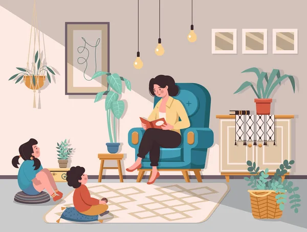 Anya Kisfiának Lányának Olvas Szobában Anya Gyerekekkel Otthon Könyvet Olvasunk — Stock Vector