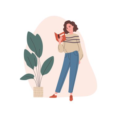 Kitap okuyan kadın. Elinde edebiyat olan bir kadın. Kitap okumak hobi, öğrenci eğitimi ve sınava hazırlanmak, kitap aşığı, okuyucu. Düz çizgi film vektör çizimi.