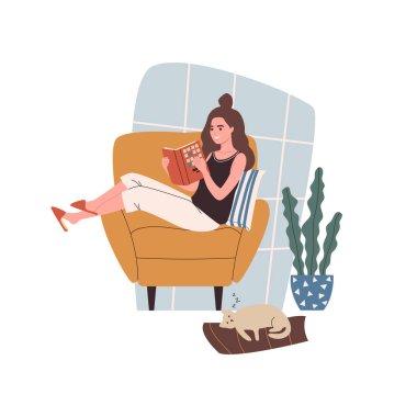 Kitap okuyan kadın. Elinde edebiyatı olan bir kadın evinde rahat koltukta oturuyor ve yanında kedi uyuyor. Kitap okumak hobi. Düz çizgi film vektör çizimi.