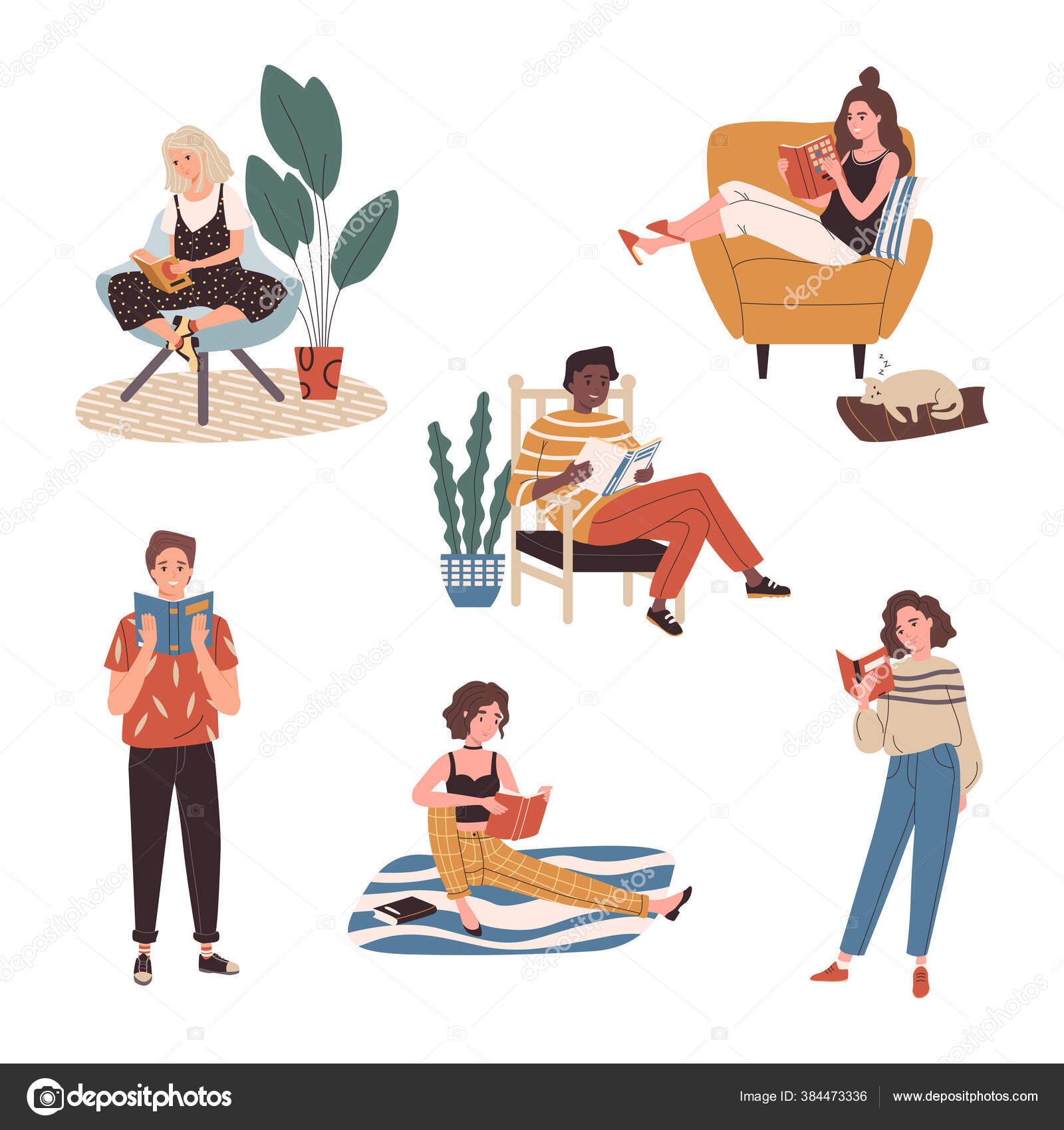 독서를 남녀들의 집에서 공부하고 준비하고 애호가들 독자들 일러스트 스톡 벡터 - ©IrinaKu 384473336, image size:1600x1700