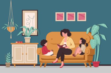 Anne, küçük oğlana ve kızına kitap okuyor. Çocuklu annem evde oturuyor. Birlikte kitap okuyoruz. Evde eğitim. Düz çizgi film vektör çizimi.