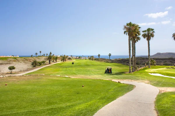 Golf course with golf cart buggies in luxurious beachfront hotel resort near atlantic ocean. Green grass field, palm trees, blue sky and ocean