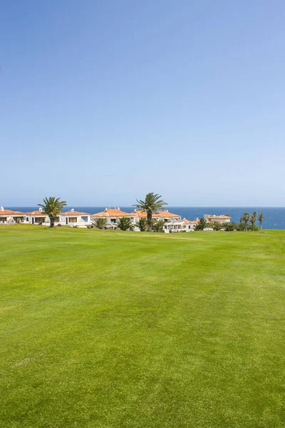 Golf course in luxurious beachfront hotel resort near atlantic ocean. Green grass field, palm trees, house apartments, blue sky and ocean