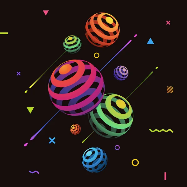 抽象矢量背景与五颜六色的霓虹灯3D 样式线球形在黑色背景 现代几何设计 未来的海报传单与液体墨水飞溅元素 Eps 矢量插画 — 图库矢量图片