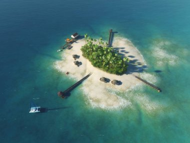 Yaz tropik ada. Yukarıdan palmiye ağaçları, bungalovlar, yatlar ve helikopter ile özel cennet tropikal adada görüntüleyin. Lüks hayat kavramı. Tatil arka plan seyahat