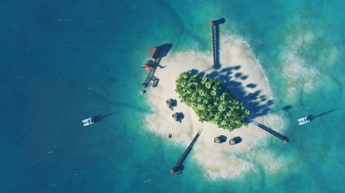 Yaz tropik ada. Yukarıdan palmiye ağaçları, bungalovlar, yatlar ve helikopter ile özel cennet tropikal adada görüntüleyin. Lüks hayat kavramı. Tatil arka plan seyahat