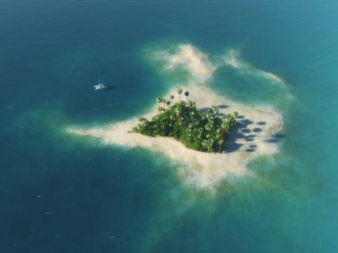 Yaz tropik ada. Lüks Yat katamaran ayakta palmiye ağaçları ile özel cennet tropikal Adası yakınlarında. Lüks hayat kavramı. Tatil arka plan seyahat