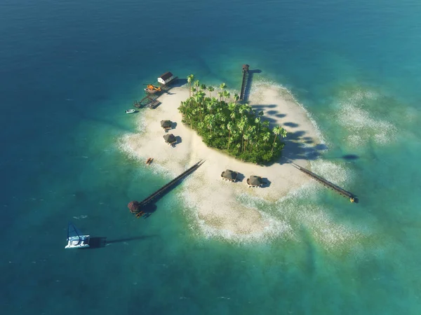 Yaz tropik ada. Yukarıdan palmiye ağaçları, bungalovlar, yatlar ve helikopter ile özel cennet tropikal adada görüntüleyin. Lüks hayat kavramı. Tatil arka plan seyahat