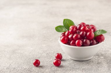 Kızılcık. Kızılcık gri masada küçük beyaz kase yeşil yaprakları ile. Taze kızılcık. Uzay kopyalayın. Seçici odak. Makro. Portre.