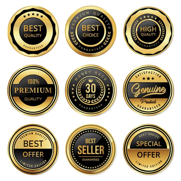 Czarny Złoty Okrągły Ramka Odznaka Etykiety Sprzedaż Jakości Produktu — Wektor stockowy