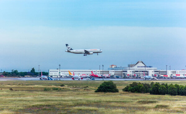Antalya, Turkey -18 May 2018; International Antalya Airport the passenger plane is landing. Antalya Turkey.