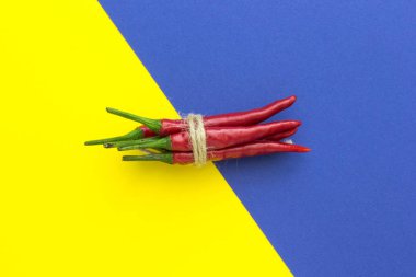 üstten görünüm, kırmızı biber biber, yatay olarak bulunan sarı-mavi arka plan, örgü ile bağlı