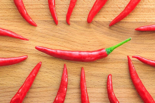 Primo Piano Vista Dall Alto Peperoncino Rosso Sfondo Legno — Foto Stock