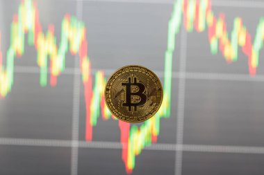 İçinde belgili tanımlık geçmiş bulanık bir grafik ile bir bitcoin