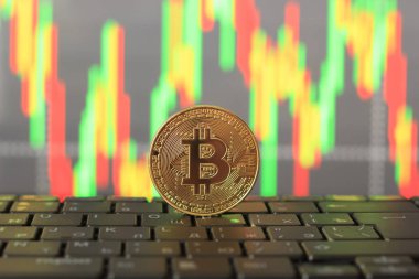 Bitcoin oranı grafiği ve altın sikke, yakın çekim