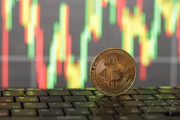 One Bitcoin Close Blurry Background — Stock Photo, Image