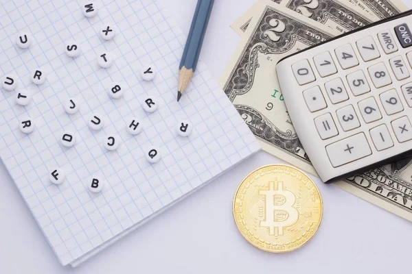Close White Background Calculator Money Bitcoin Notepad Letters — Stock Photo, Image