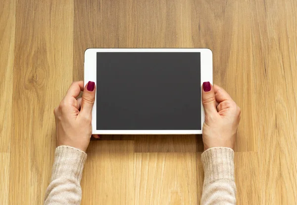 close-up person hold digital tablet blank screen