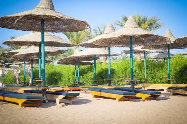 Güneş olmadan insanlar, güzel Sahilde şezlong sabahın erken saatlerinde görüntüleyin.