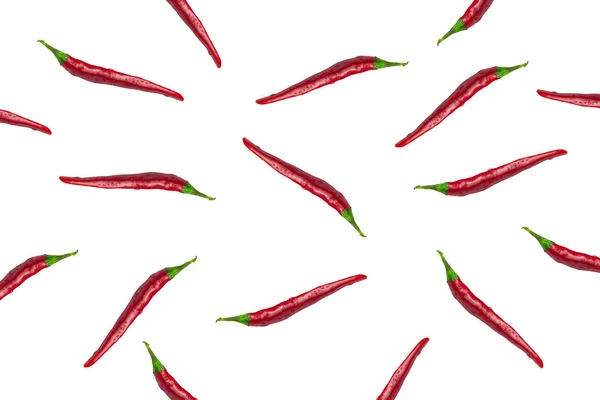 Κόκκινες πιπεριές τσίλι σε ένα απομονωμένο άσπρο φόντο, πιπεριές μοτίβο — Φωτογραφία Αρχείου