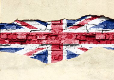 Bir tuğla zemin üzerine ulusal bayrak Büyük Britanya'nın. Tuğla duvar sıva, arka plan veya doku kısmen tahrip.
