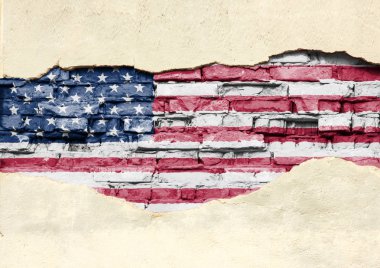 ABD ulusal bayrak bir tuğla zemin üzerine. Tuğla duvar sıva, arka plan veya doku kısmen tahrip.