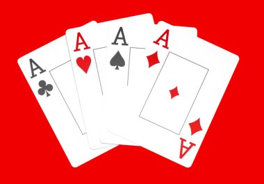 Kart poker gazino, iskambil ile birlikte izole kırmızı zemin üzerine, as