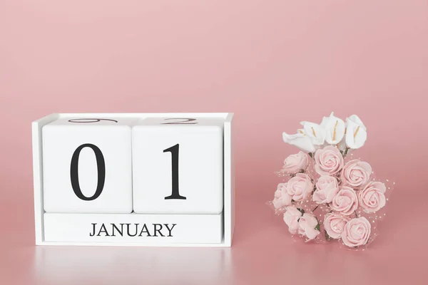 Januari 01st. dag 1 van de maand. Kalender kubus op moderne roze achtergrond, concept van zaken en een belangrijke gebeurtenis. — Stockfoto