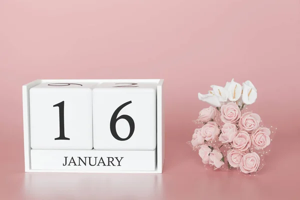 16 januari. Dag 16 van de maand. Kalender kubus op moderne roze achtergrond, concept van zaken en een belangrijke gebeurtenis. — Stockfoto