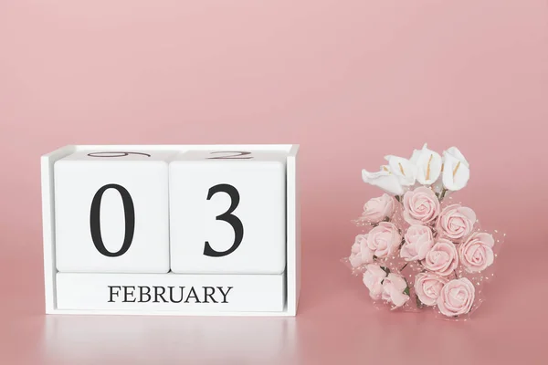 03 de Fevereiro Dia 3 do mês. Calendário cubo sobre fundo rosa moderno, conceito de bussines e um evento importante . — Fotografia de Stock