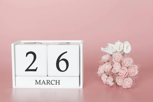 26 de Março. Dia 26 do mês. Calendário cubo sobre fundo rosa moderno, conceito de bussines e um evento importante . — Fotografia de Stock