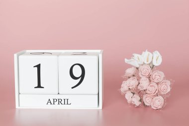 19 Nisan. Ay 19 gün. Modern pembe arka planda takvim küpü, Bussines kavramı ve önemli bir olay.