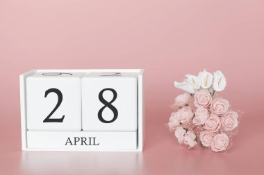 28 Nisan. Ay 28 gün. Modern pembe arka planda takvim küpü, Bussines kavramı ve önemli bir olay.