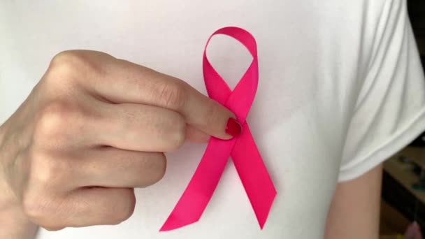 Hands Woman Showing Breast Cancer Awareness Ribbon Close Female Holding — Stock Video