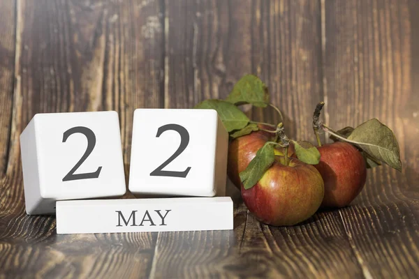 May Day Month Calendar Cube Wooden Background Red Apples Concept — Stock Photo, Image