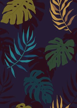 Egzotik tropikal yapraklar, kusursuz desenler çizer, karanlık yaz tropik hissi.