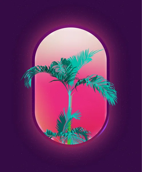 Window Plane Neon Glow Purple Light Tropical Palm Tree Background — Stock Vector