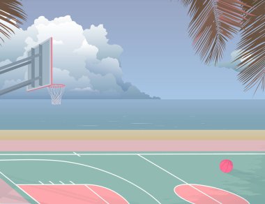 Barışçıl nostaljik deniz kenarı basketbol sahası ve yağmur kara bulutlar, resimli arka plan pastel palet