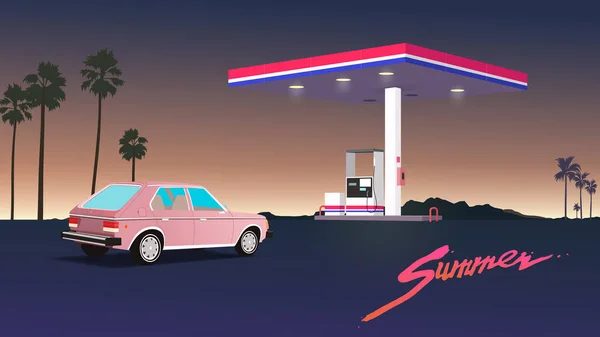 Style Desert Gas Station Vintage Car Шаблон Ностальгических Паров — стоковый вектор