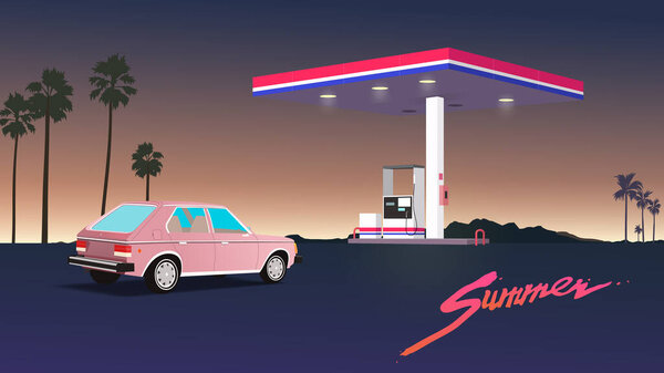 80's - 90's style desert gas station and vintage car. nostalgic vaporwave illustration template.