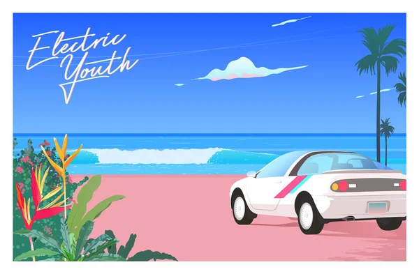 Stijl Strand Paradijs Auto 1990 Stijl Nostalgische Vaporwave Illustratie Template — Stockvector