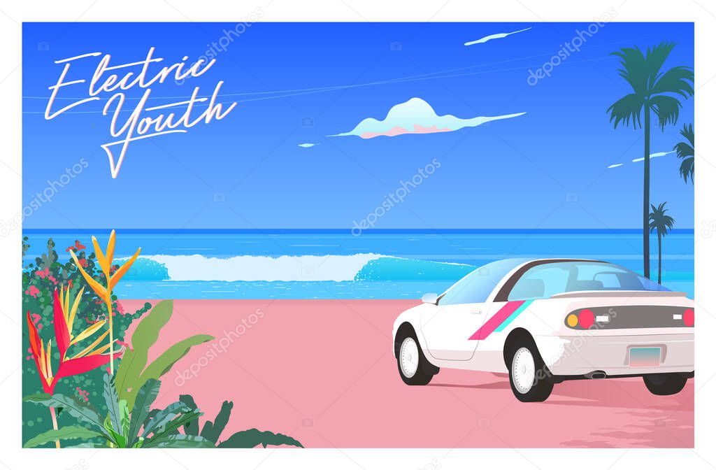 80's - 90's style beach paradise and car in 1990 style, nostalgic vaporwave illustration template.