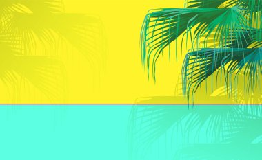 Güneşli bir günde parlak sarı ve yeşil naneli arka planda tropik Çinli hayran palmiyesi. Metin için alanı olan vintage / retro minimal arkaplan